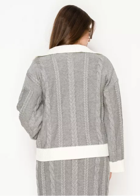 Contrast Trim Cable Sweater in Light Grey