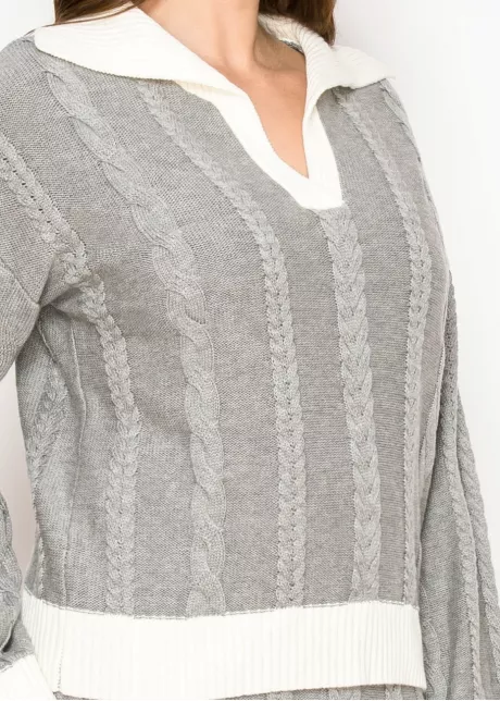 Contrast Trim Cable Sweater in Light Grey