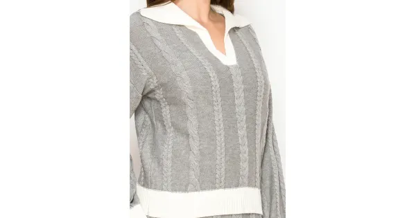 Contrast Trim Cable Sweater in Light Grey | Modest Women Clothing