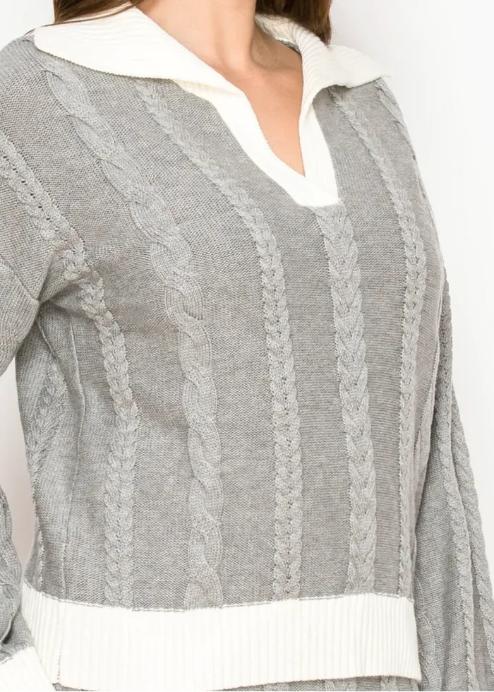 Contrast Trim Cable Sweater in Light Grey