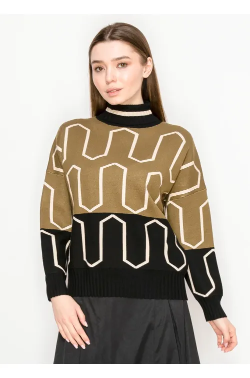 Olive Black Patterned Mock Neck Sweater
