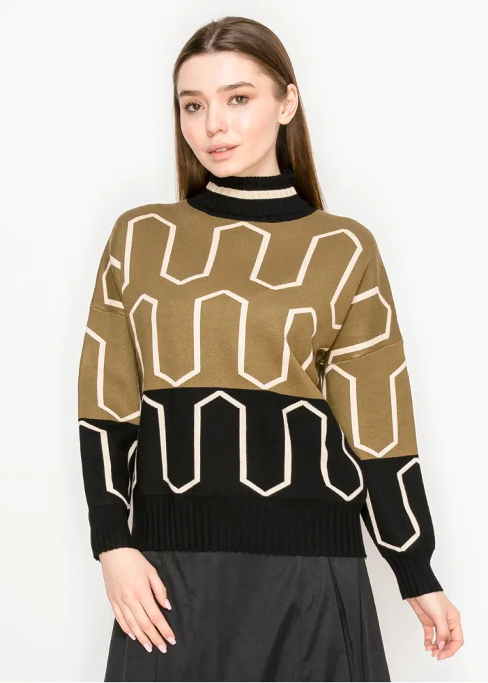 Olive Black Patterned Mock Neck Sweater