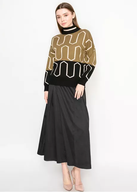 Olive Black Patterned Mock Neck Sweater