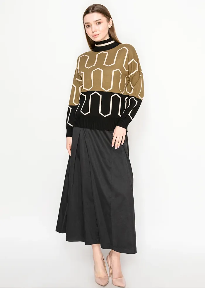 Olive Black Patterned Mock Neck Sweater