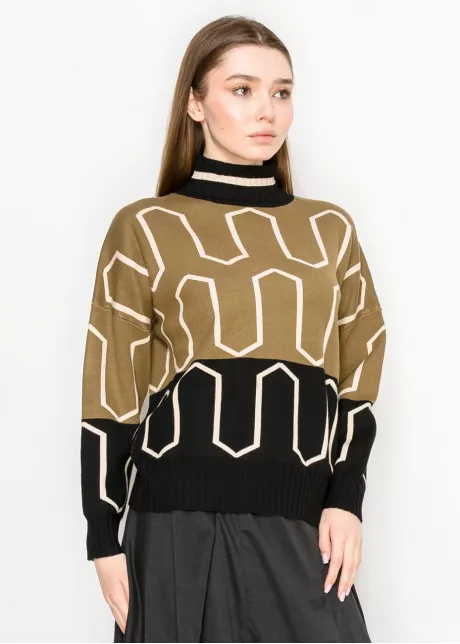 Olive Black Patterned Mock Neck Sweater