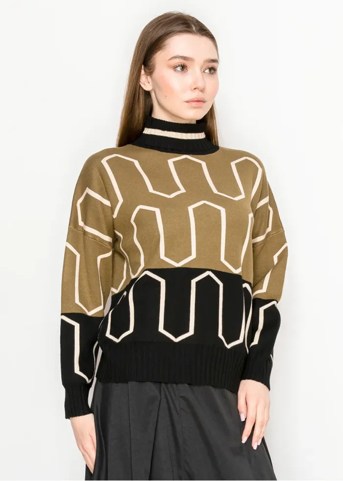 Olive Black Patterned Mock Neck Sweater