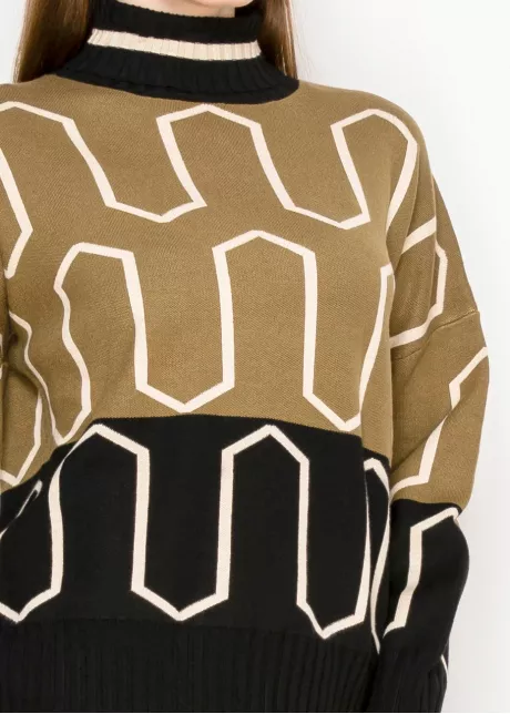Olive Black Patterned Mock Neck Sweater