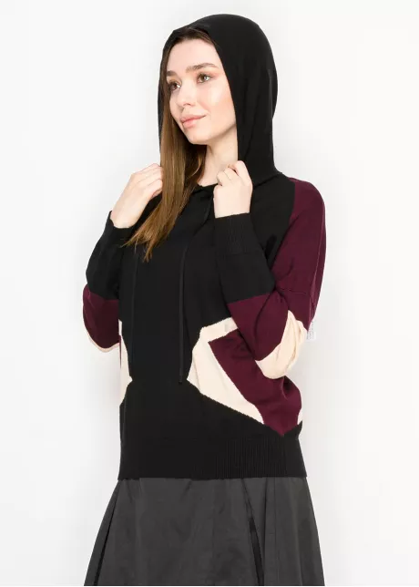 Black and Burgundy Colorblock Knit Hoodie