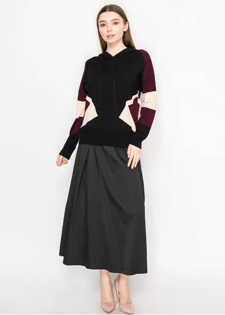 Black and Burgundy Colorblock Knit Hoodie