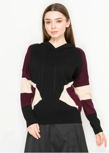 Black and Burgundy Colorblock Knit Hoodie