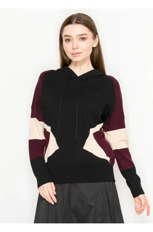 Black and Burgundy Colorblock Knit Hoodie