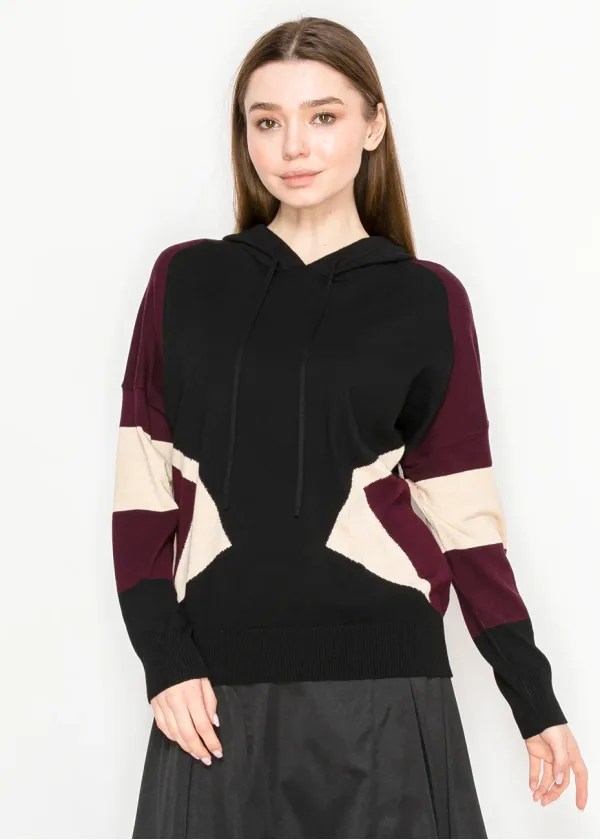 Black and Burgundy Colorblock Knit Hoodie