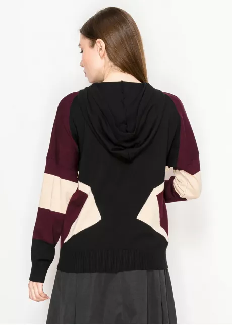 Black and Burgundy Colorblock Knit Hoodie