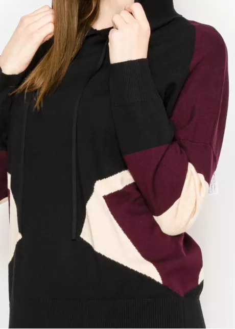Black and Burgundy Colorblock Knit Hoodie