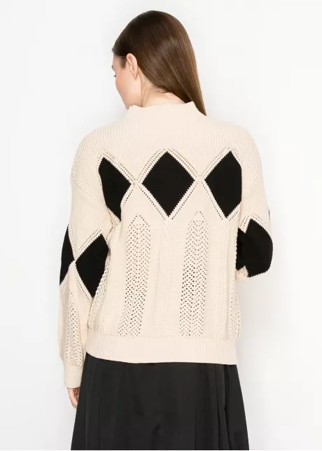 Open-Stitch Knit Sweater in Cream & Black