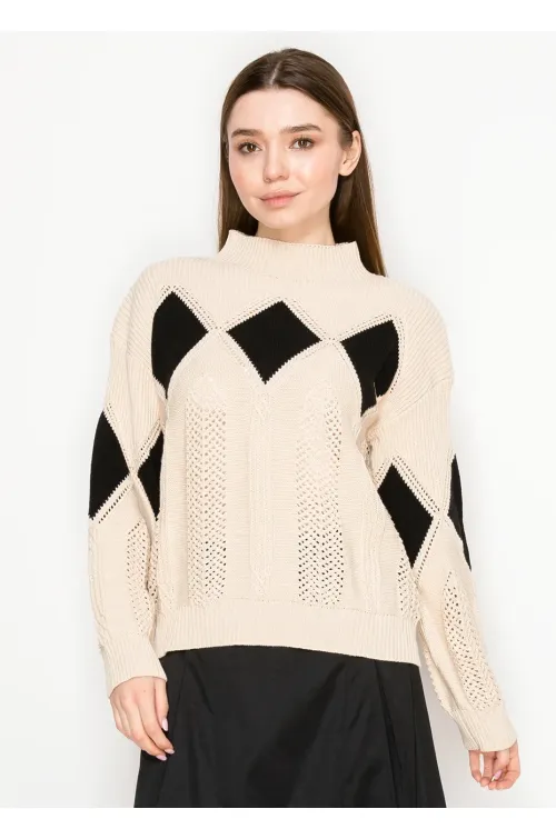 Open-Stitch Knit Sweater in Cream & Black