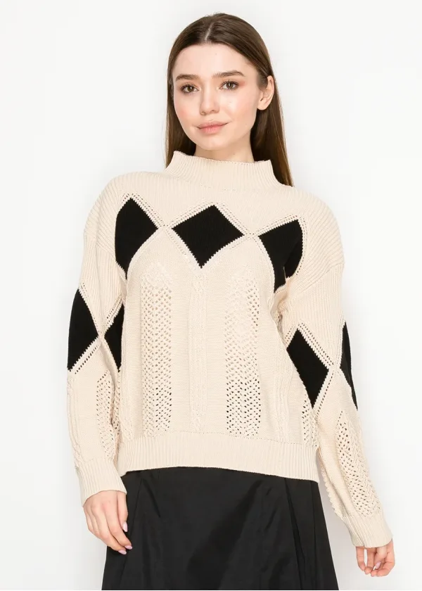 Open-Stitch Knit Sweater in Cream & Black