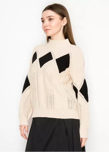 Open-Stitch Knit Sweater in Cream & Black