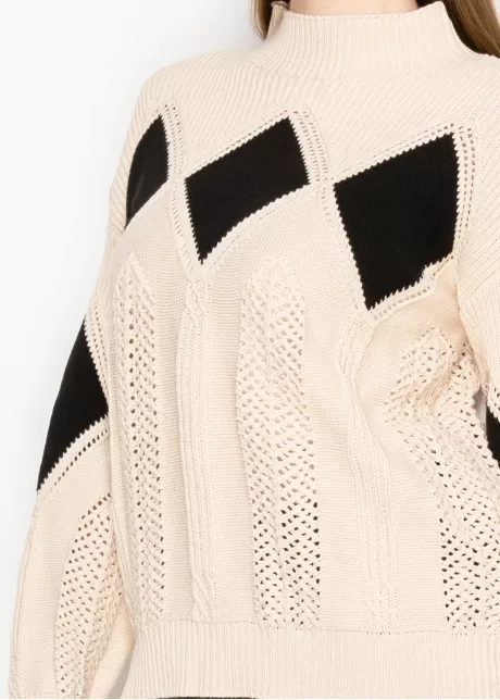 Open-Stitch Knit Sweater in Cream & Black