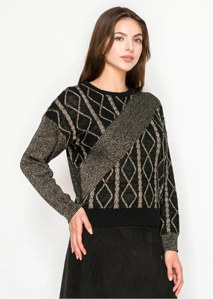 Black Sweater with Gold Knit Accents