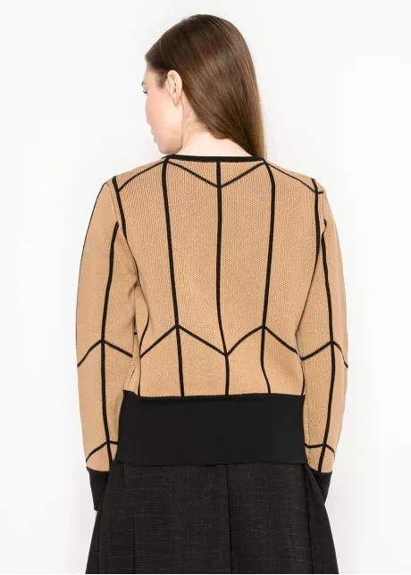 Camel Sweater with Black Geometric Trim