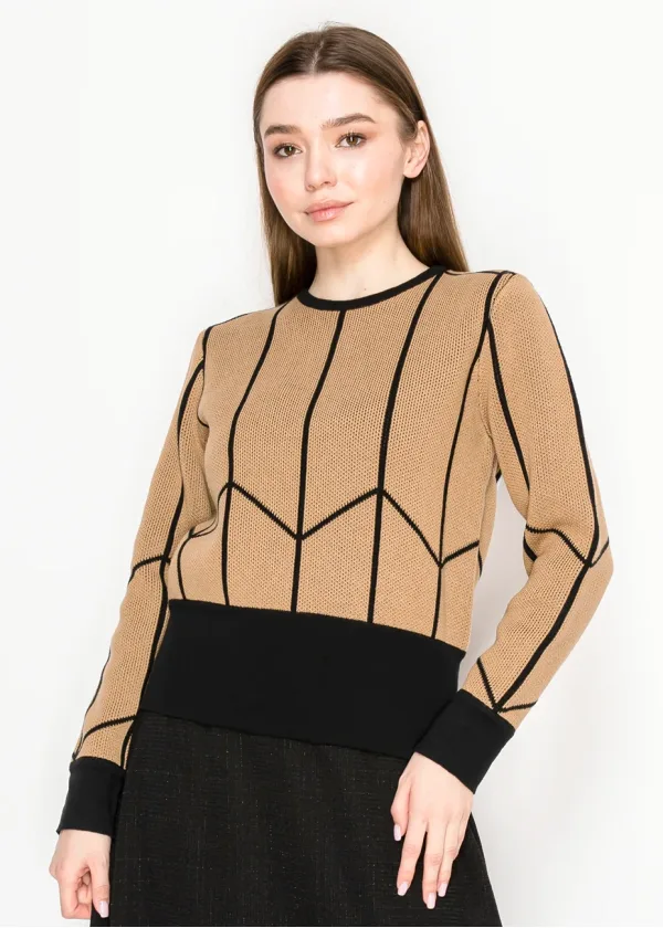Camel Sweater with Black Geometric Trim