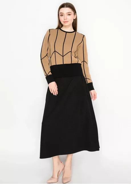 Camel Sweater with Black Geometric Trim