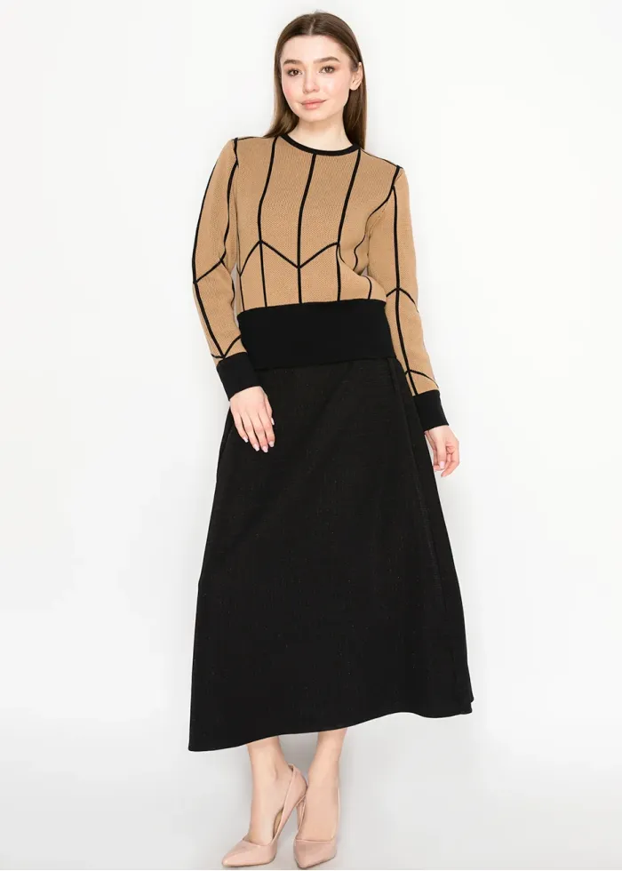 Camel Sweater with Black Geometric Trim