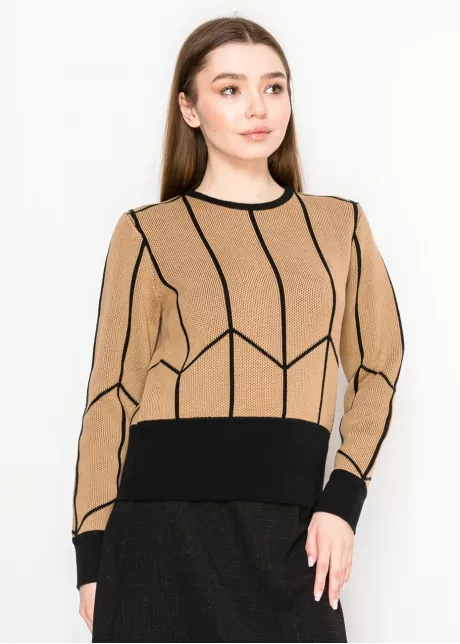 Camel Sweater with Black Geometric Trim