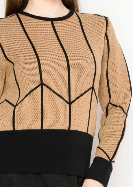 Camel Sweater with Black Geometric Trim