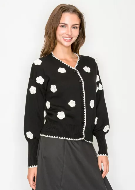Black Cardigan with White Flower Accents