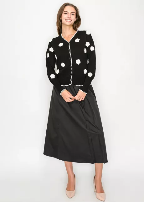 Black Cardigan with White Flower Accents