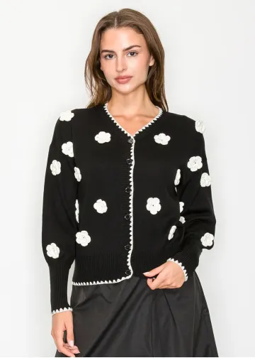 Black Cardigan with White Flower Accents