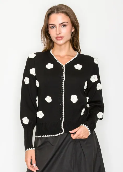 Black Cardigan with White Flower Accents