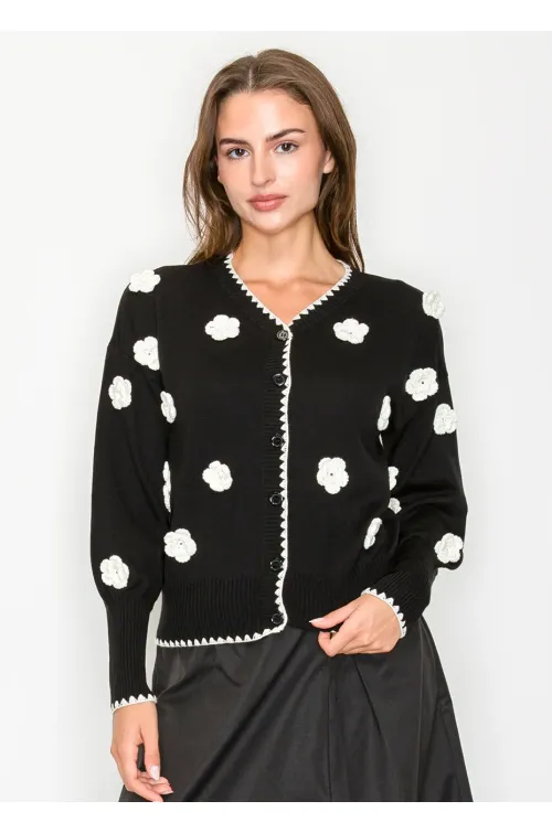 Black Cardigan with White Flower Accents