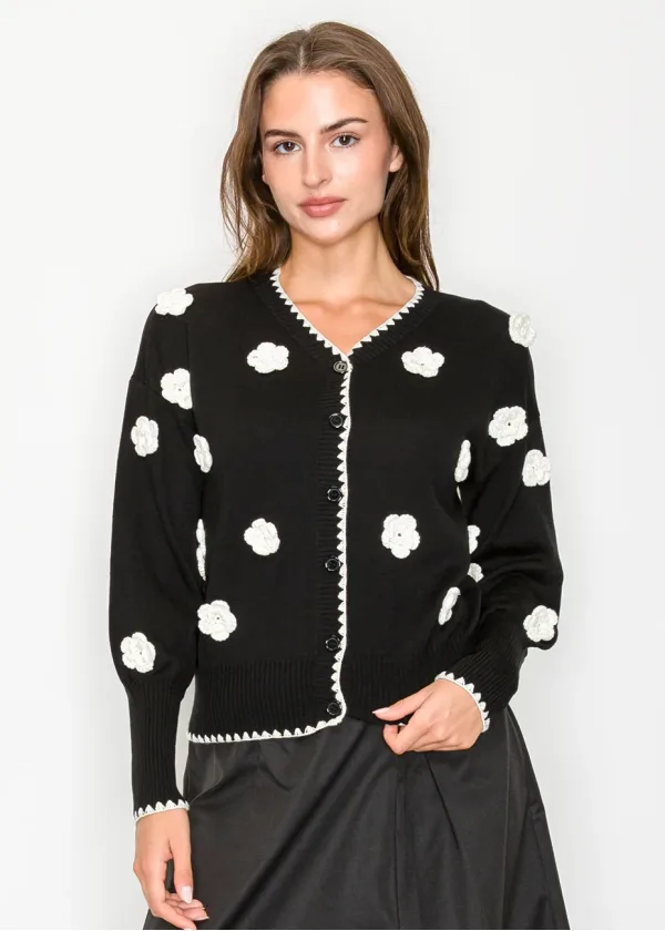 Black Cardigan with White Flower Accents