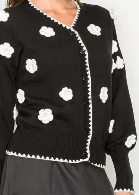 Black Cardigan with White Flower Accents