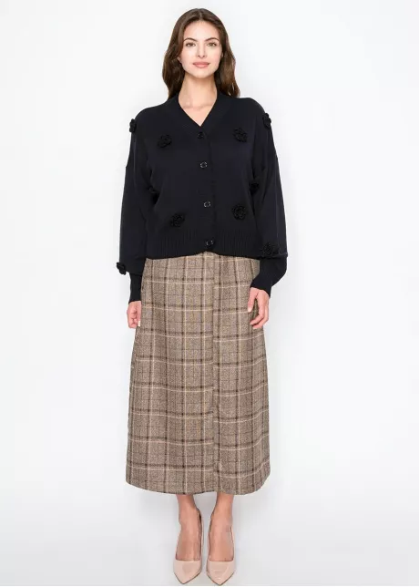 Textured Floral Button Cardigan – Navy