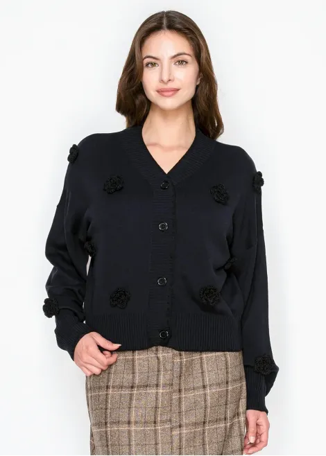 Textured Floral Button Cardigan – Navy