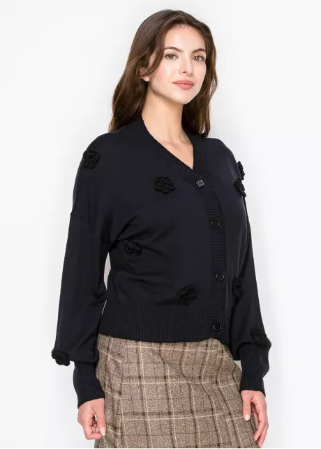 Textured Floral Button Cardigan – Navy