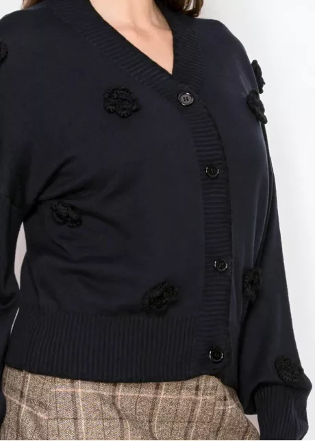 Textured Floral Button Cardigan – Navy