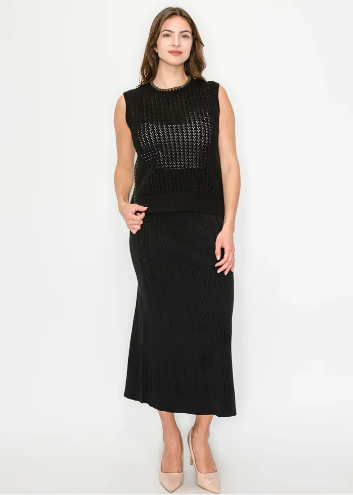 Black Open-Knit Vest with Contrast Trim