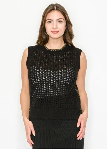 Black Open-Knit Vest with Contrast Trim