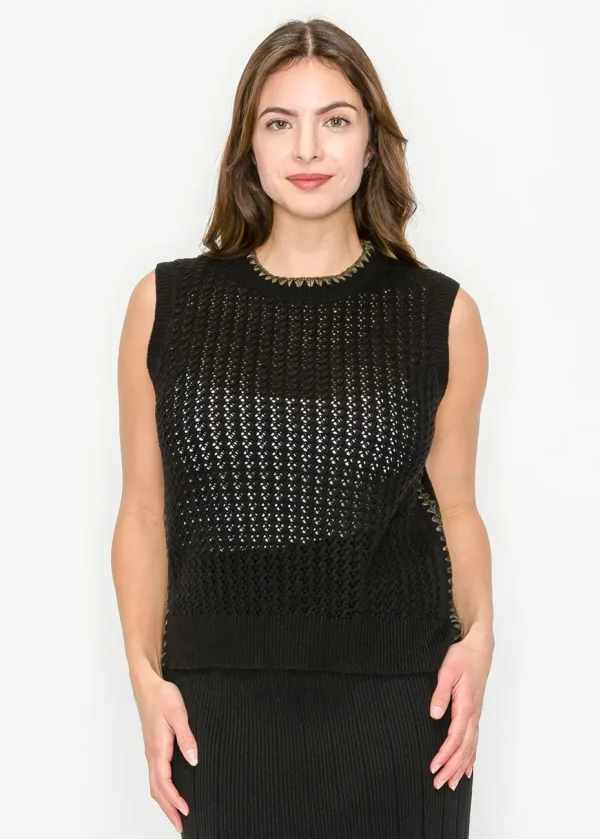 Black Open-Knit Vest with Contrast Trim