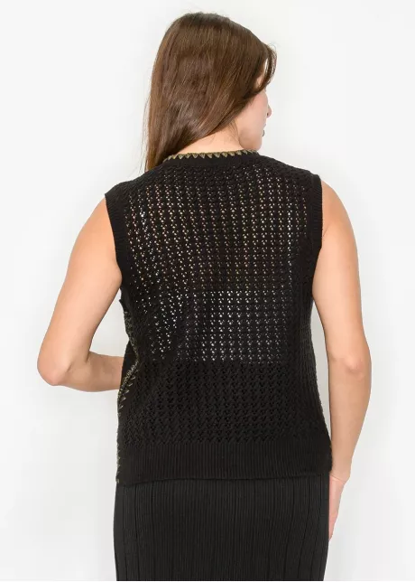 Black Open-Knit Vest with Contrast Trim