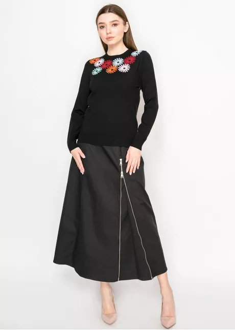 Black Sweater with Colorful Floral Embroidery