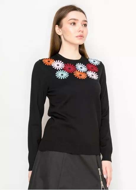 Black Sweater with Colorful Floral Embroidery