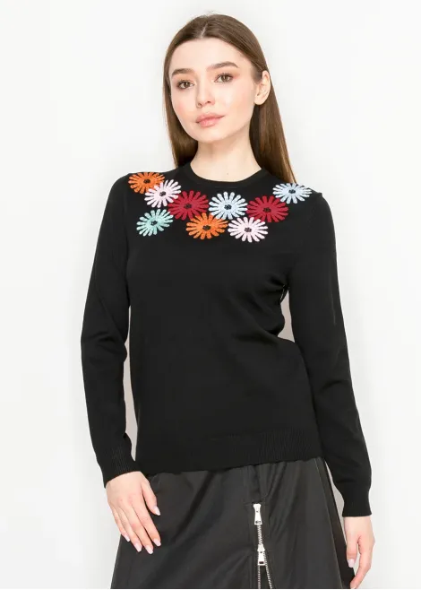 Black Sweater with Colorful Floral Embroidery