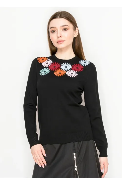 Black Sweater with Colorful Floral Embroidery