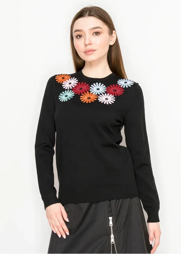 Black Sweater with Colorful Floral Embroidery
